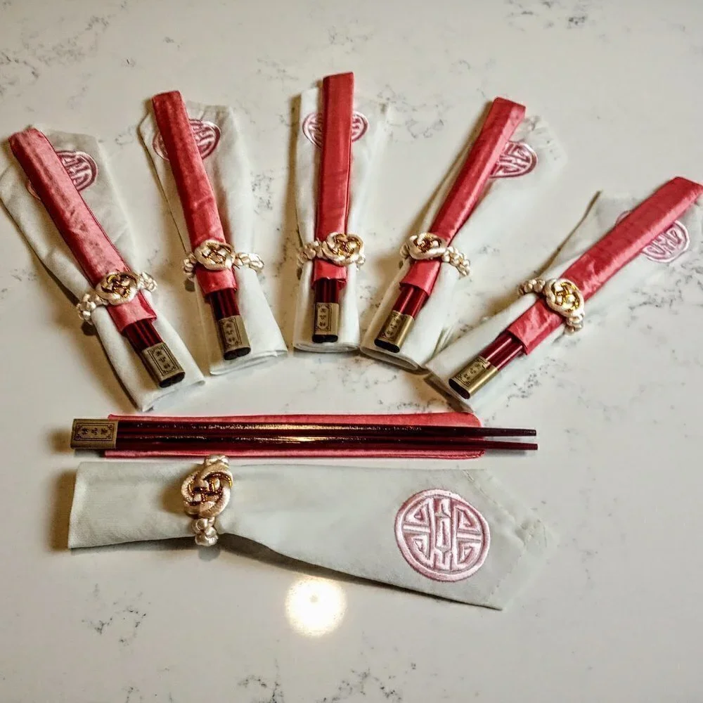 Vintage Chinese Silk Linen Chopsticks Napkin Set (6)